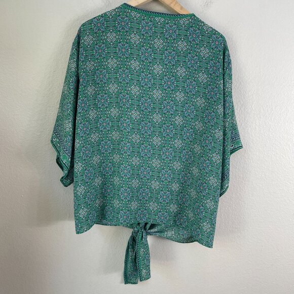 Max Studio Womens Plus 3X Green Blue V Neck Tie Front Blouse Kimono Sleeve Shirt - Picture 9 of 10